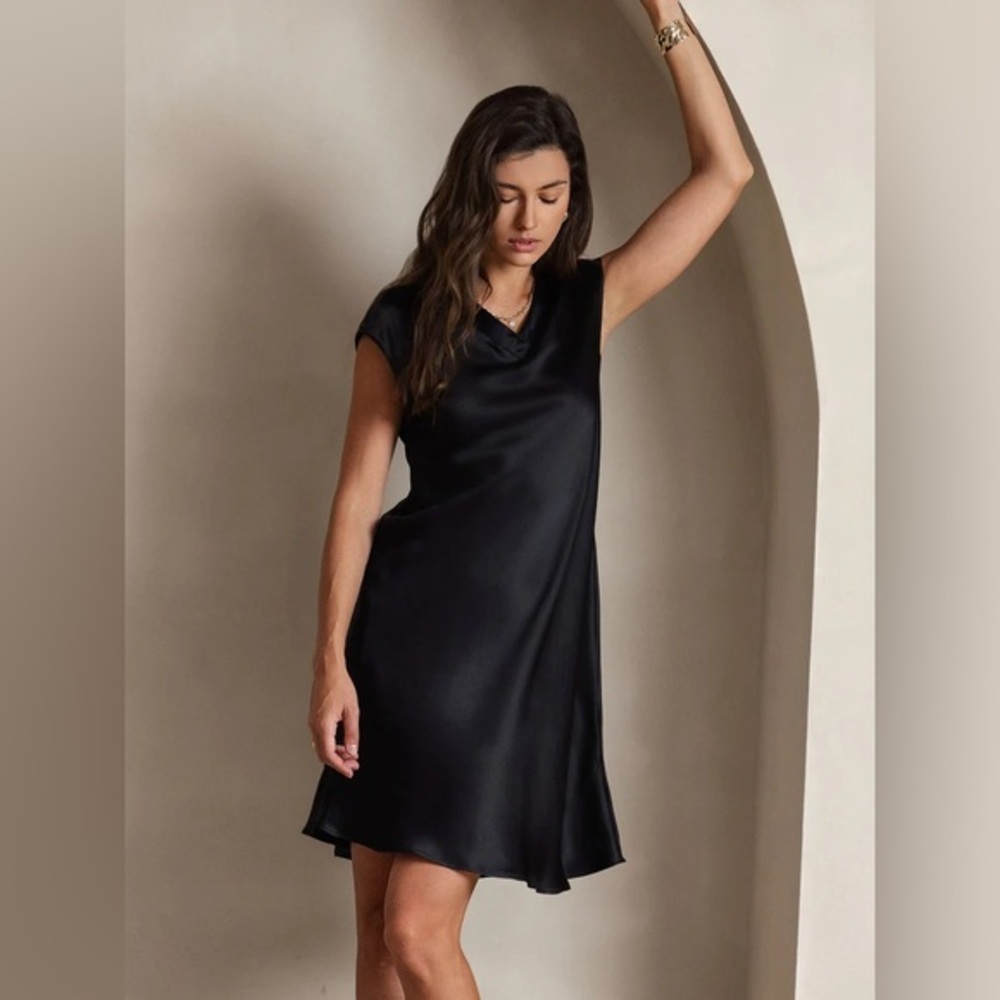 Silk-Silky Black 100% Silk Midi Dress with Cap Sleeves M